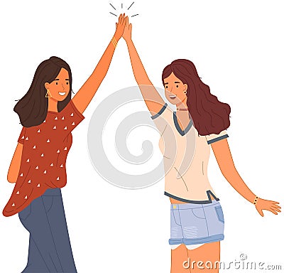 Women greeting each other. Female characters give five and rejoice standing with hands together Vector Illustration