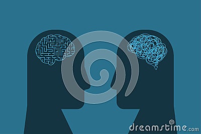 Two people with a maze mind and tangled thread of brain Vector Illustration