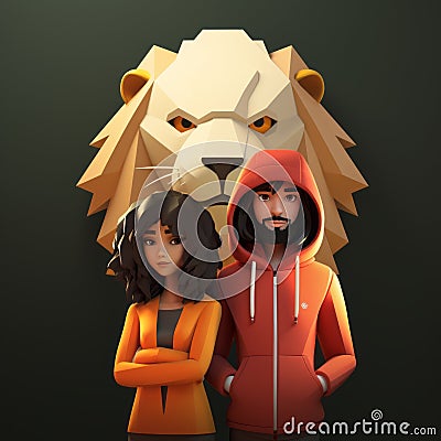 Minimalist 3d Character Of Lion And Karen: Low Poly, Intense Portraits Cartoon Illustration