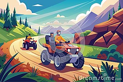 Two people riding ATVs on a mountain path with a lush landscape Vector Illustration