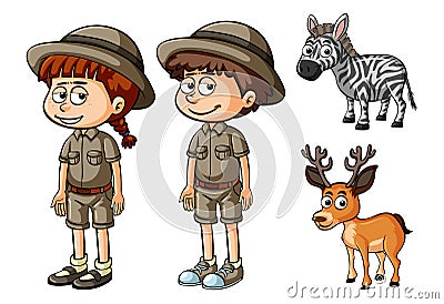 Two people in safari outfit and wild animals Vector Illustration