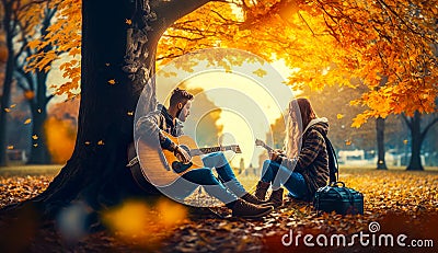 Two people sitting under tree playing guitar. Generative AI Stock Photo