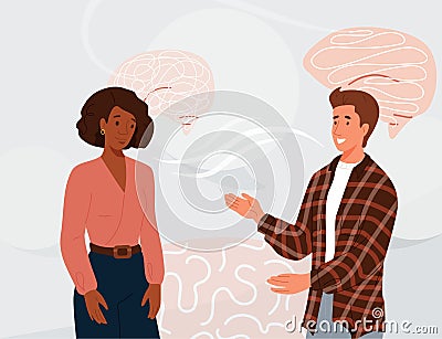 Two people talking vector background. Young man explain afro american woman something. Illustration of the process of Vector Illustration