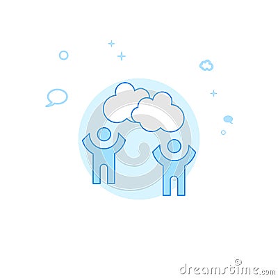 Two People Thinking Together Flat Vector Illustration, Icon. Light Blue Monochrome Design. Editable Stroke Stock Photo