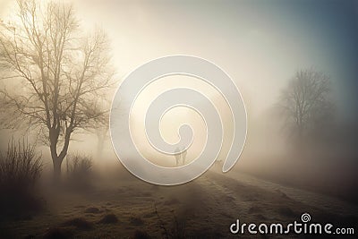 two people walking down a foggy road with trees in the background and a dog on the side of the road in the foreground Stock Photo