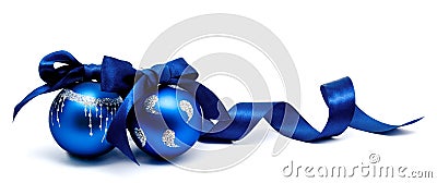 Two perfect blue christmas balls with ribbon isolated Stock Photo