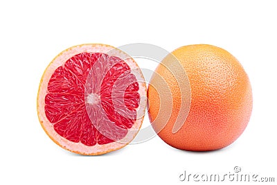 Two perfectly round grapefruits, on a white background. Delicious fresh whole and cut grapefruits full of nutrients. Stock Photo