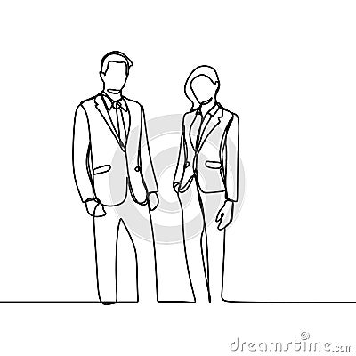 Two person of office worker. concept of a boss and his secretary standing looks gentle and awesome continuous one line drawing Cartoon Illustration