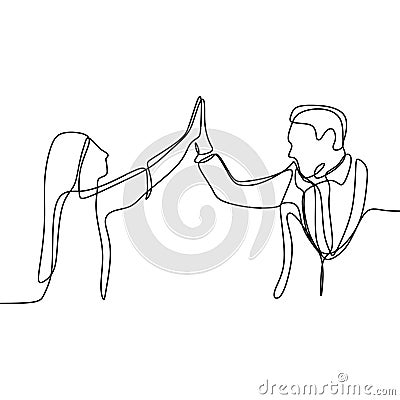 Two person rising his hand and toss a high five. Continuous line drawing of a office man and a girl finishing or dealing their Vector Illustration