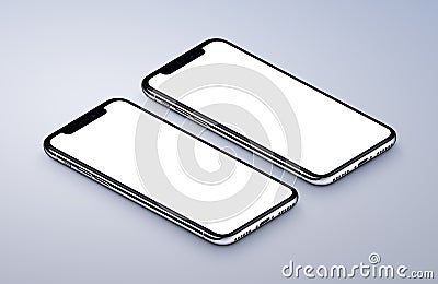 iPhone X. Two perspective smartphones mockup front sides lying on gray surface Stock Photo