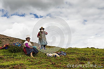 Two Peruvian women farmers near Maras, Peru Editorial Stock Photo