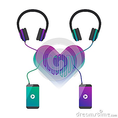 Two phones connected to headphones and cords forms hearts. Vector Illustration