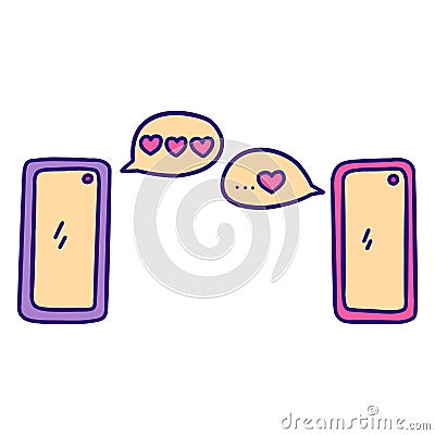 Two phones exchange love messages. Vector doodle Vector Illustration