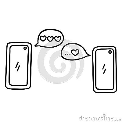 Two phones exchange love messages. Vector doodle outline Vector Illustration