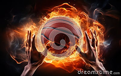 Two photorealistic hands throwing basketball ball burning on black background. Banner with fire flames, smoke. AI Generative Stock Photo