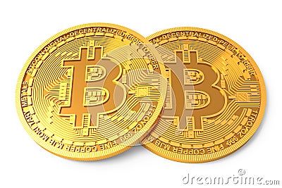 Two physical Bitcoins isolated on white background. Golden coins with bitcoin symbol. Stock Photo