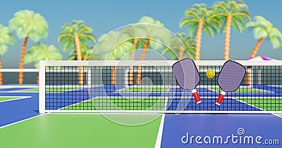 Two pickleball paddles and a plastic ball on the nets of the court. Summer palm trees banner 3d rendering Stock Photo
