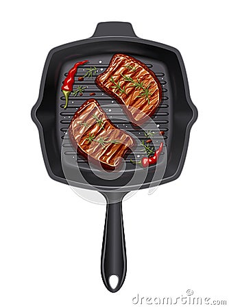 Two piece of meat fry at grill pan. Vector Illustration