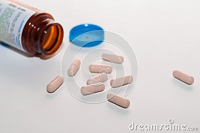 Two-piece telescoping gelatin capsules on white background. Stock Photo