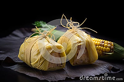Two pieces of food wrapped in yellow cloth. AI generative image Stock Photo