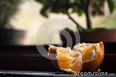 Two pieces of fresh orange juicy fruit laying on marble windowsill. dark Silhouette of a plant. background out of focus. Still lif Stock Photo