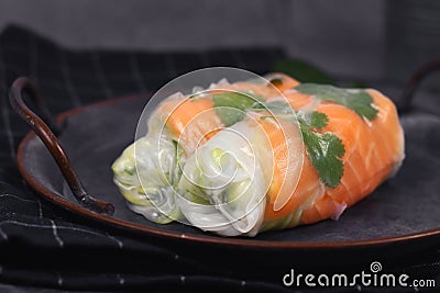 Two pieces of traditional Vietnamese spring rolls fied with salmon, avocado, salad and rice noodles Stock Photo