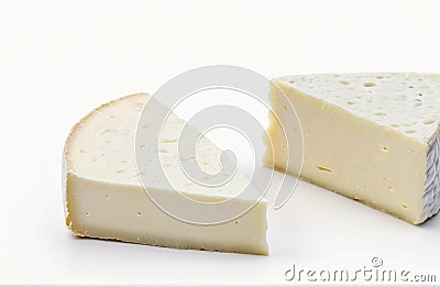 Two pieces of white mold soft cheese, cut out isolated on white background Stock Photo