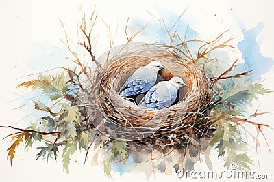 Two pigeons in the nest on a white background. Watercolor painting. Generative AI Stock Photo