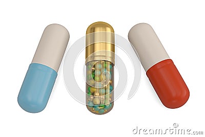 Two pills and golden capsule isolated on white background. 3D illustration Cartoon Illustration