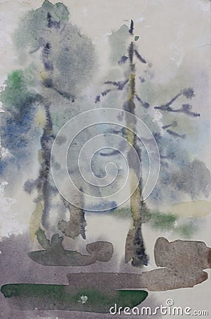 Two pine tree primitive watercolor art in diffuse wet style Stock Photo