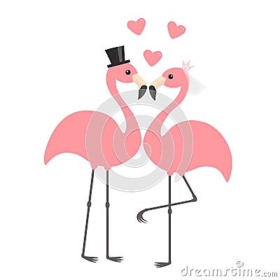 Two pink flamingo set. Wedding couple. Bride and groom. Black hat, veil, heart. Happy Valentines Day. Exotic tropical bird. Cute Vector Illustration