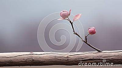 two pink flowers are sitting on top of a wooden branch Stock Photo