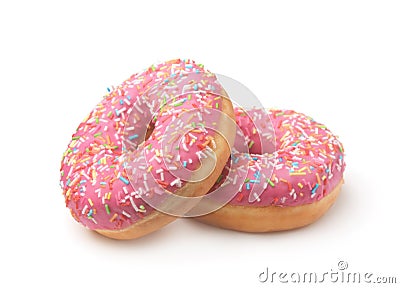 Two pink glazed doughnuts with colorful sprinkles Stock Photo