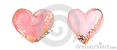 Two pink hearts. Watercolor hand painted symbol of love. Golden lines, splatters. Vector Illustration