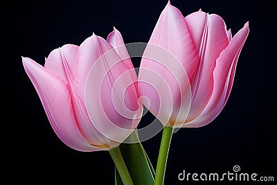 two pink tulips against a black background Stock Photo