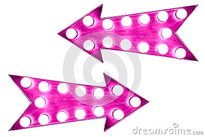 Two pink vintage bright and colorful illuminated metallic display arrow signs Stock Photo