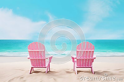 Two pink wooden chairs on stunning tropical sandy beach. Midday sun, turquoise water and blue sky. Summer vacation concept. Beach Stock Photo