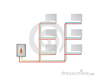 Two-pipe vertical heating system. The lower connection of steel panel radiators. Vector Illustration