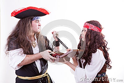 Two pirates fighting for box of tresure Stock Photo