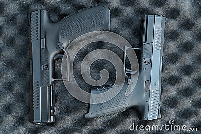 two pistols close-up. 9 millimeters. military weapon . pistol Stock Photo