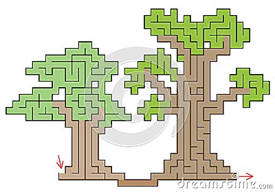 Two pixel tree icons with maze inside. Simple elegant game style labyrinth with entry and exit in the roots. Vector flat Vector Illustration