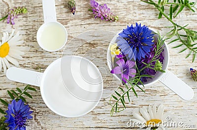 Two plastic scoops with various wild flowers and facial cream mask with herbal extracts. Ingredients of natural cosmetic. Stock Photo