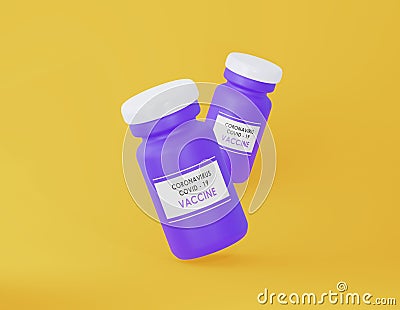 Two plastic vials from vaccine the covid-19 coronavirus, purple vials on a bright yellow background. 3d rendering Stock Photo