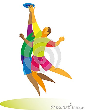 Two players in game an ultimate frisbee jump want to catch a fly Vector Illustration