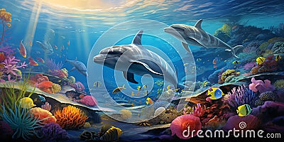 Two playful dolphins swimming gracefully amidst the colorful coral reefs. Generative AI Stock Photo