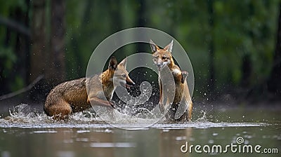 Two Playful Foxes in the Wild and getting wet at the river Stock Photo