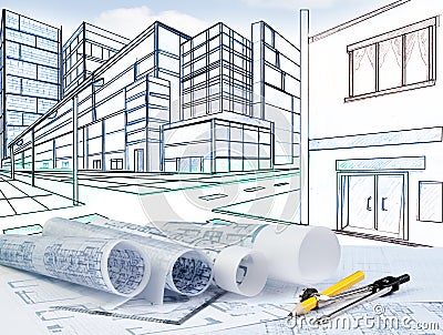 Two point perspective sketching of building on street junction Stock Photo