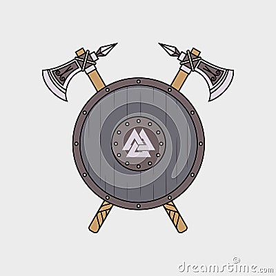 Two poleaxes and a viking shield Stock Photo