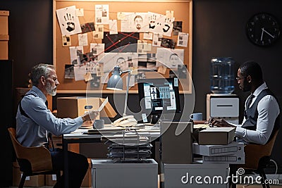 Two police detectives sitting at desk in office on opposite sides Stock Photo