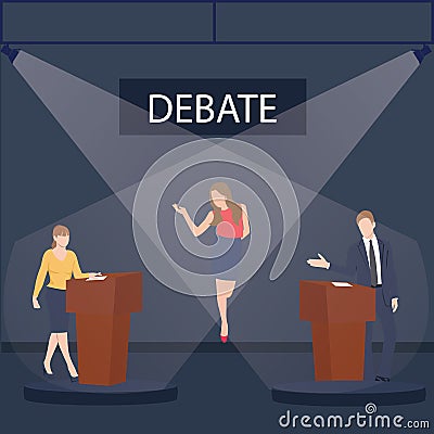 Two politician debate on stage podium public speaking contest presentation with moderator between them Vector Illustration